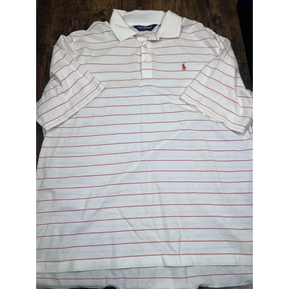 Polo Golf Ralph Lauren Mens XL White W/Orange Stripes Short Bandon Dunes Ad Pima